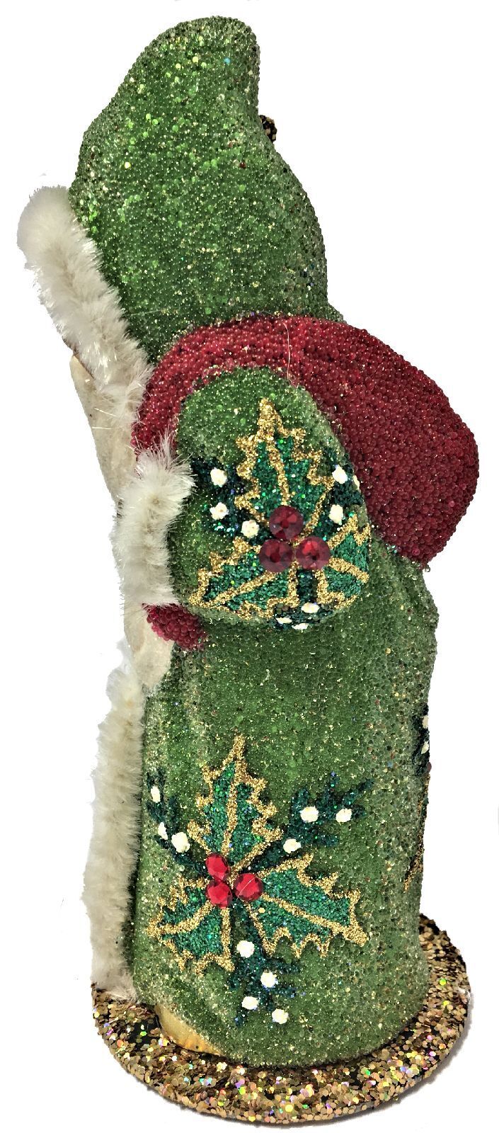 Ino Schaller Green Beaded Santa Holly Leaves German Paper Mache Candy Container