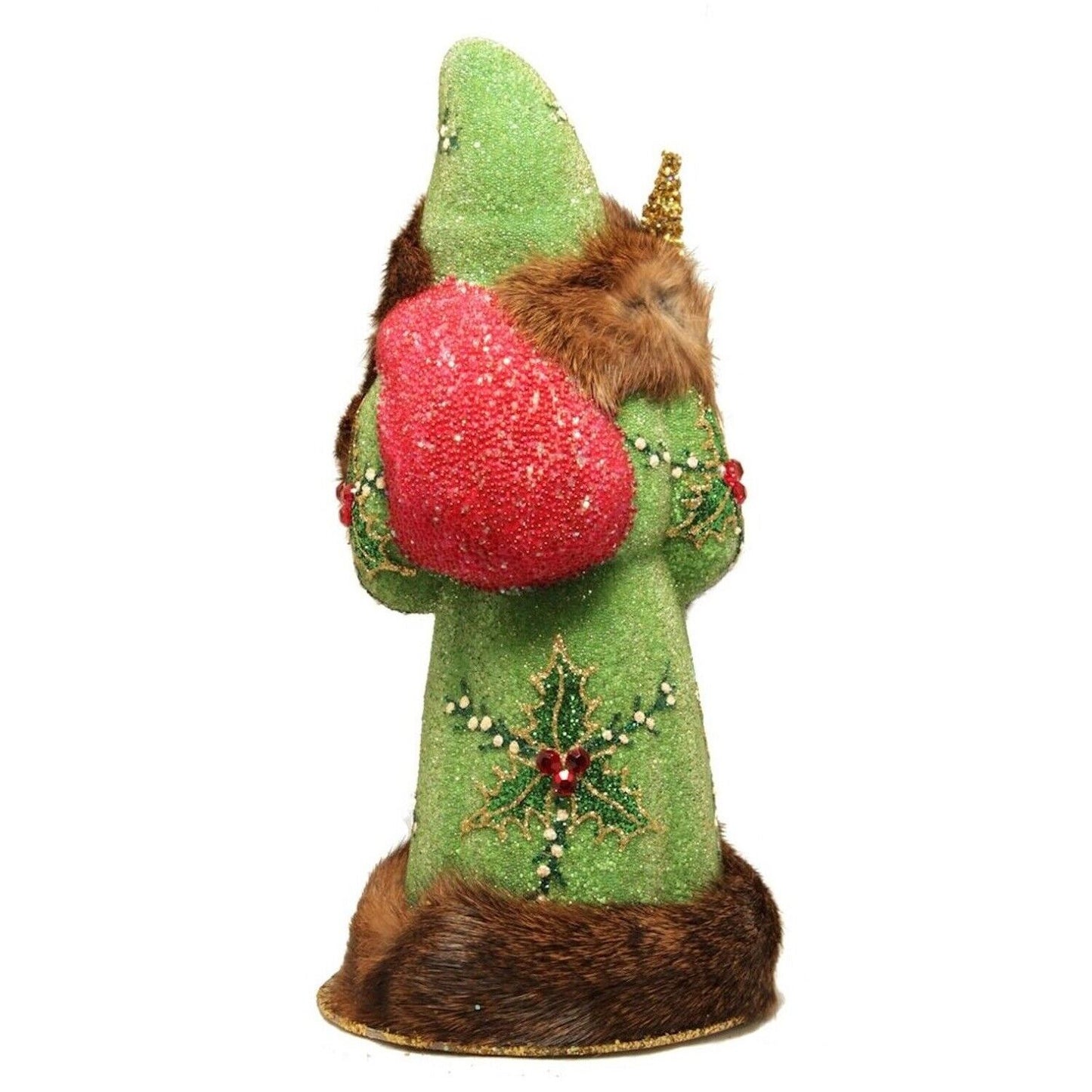Pinnacle Peak Trading Company Ino Schaller Green Beaded Holly Leaf Santa Christmas Paper Mache Candy Container