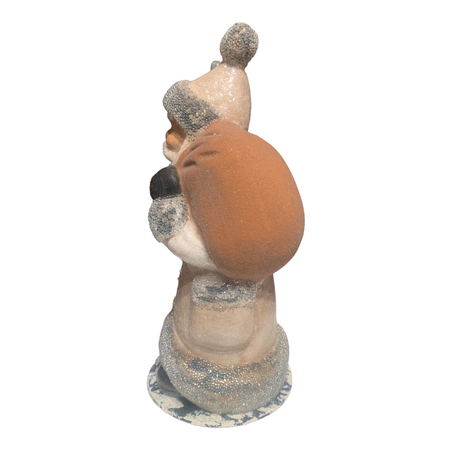 Ino Schaller Old Finish Santa with Brown Bag and Tree German Paper Mache 7 Inch