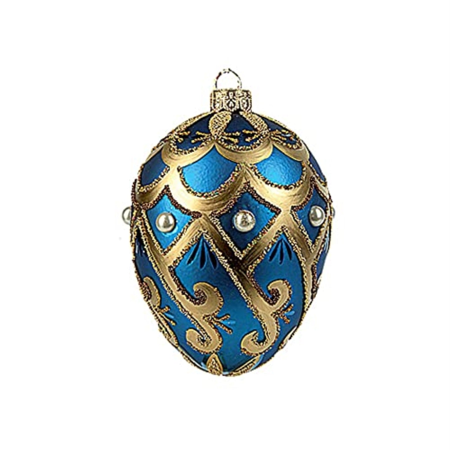 Faberge Inspired Blue Pearl Egg Polish Blown Glass Christmas or Easter Ornament