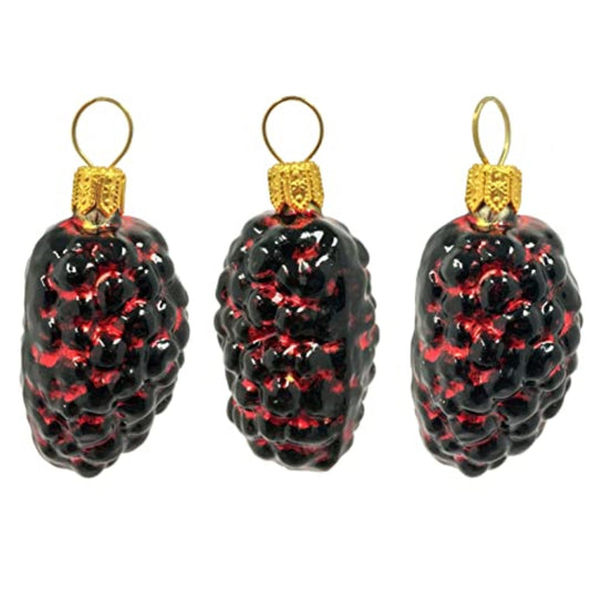 Red and Black Mulberries Polish Glass Christmas Ornament Set of 3 Mulberry Fruit