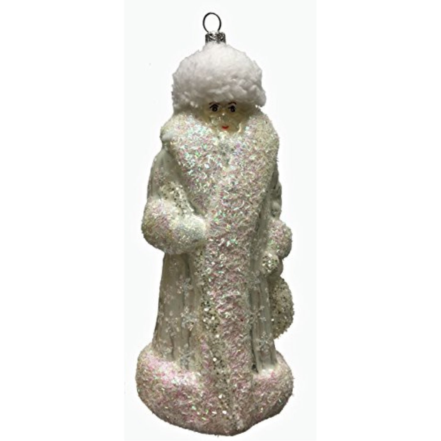 White Snowflake Santa Claus with Fur Hat Polish Glass Christmas Tree Ornament