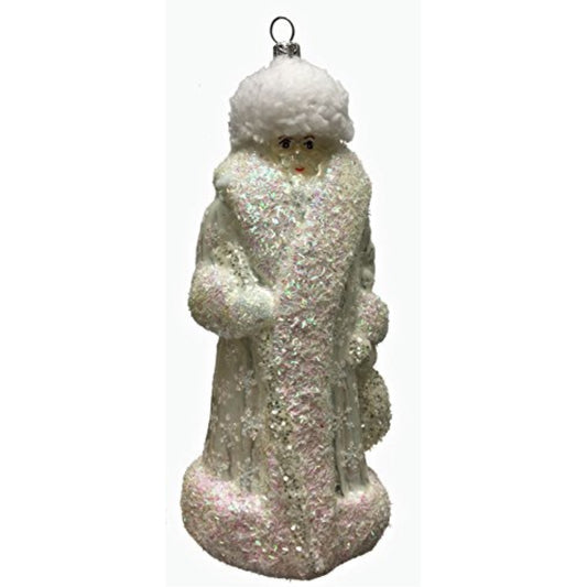 White Snowflake Santa Claus with Fur Hat Polish Glass Christmas Tree Ornament