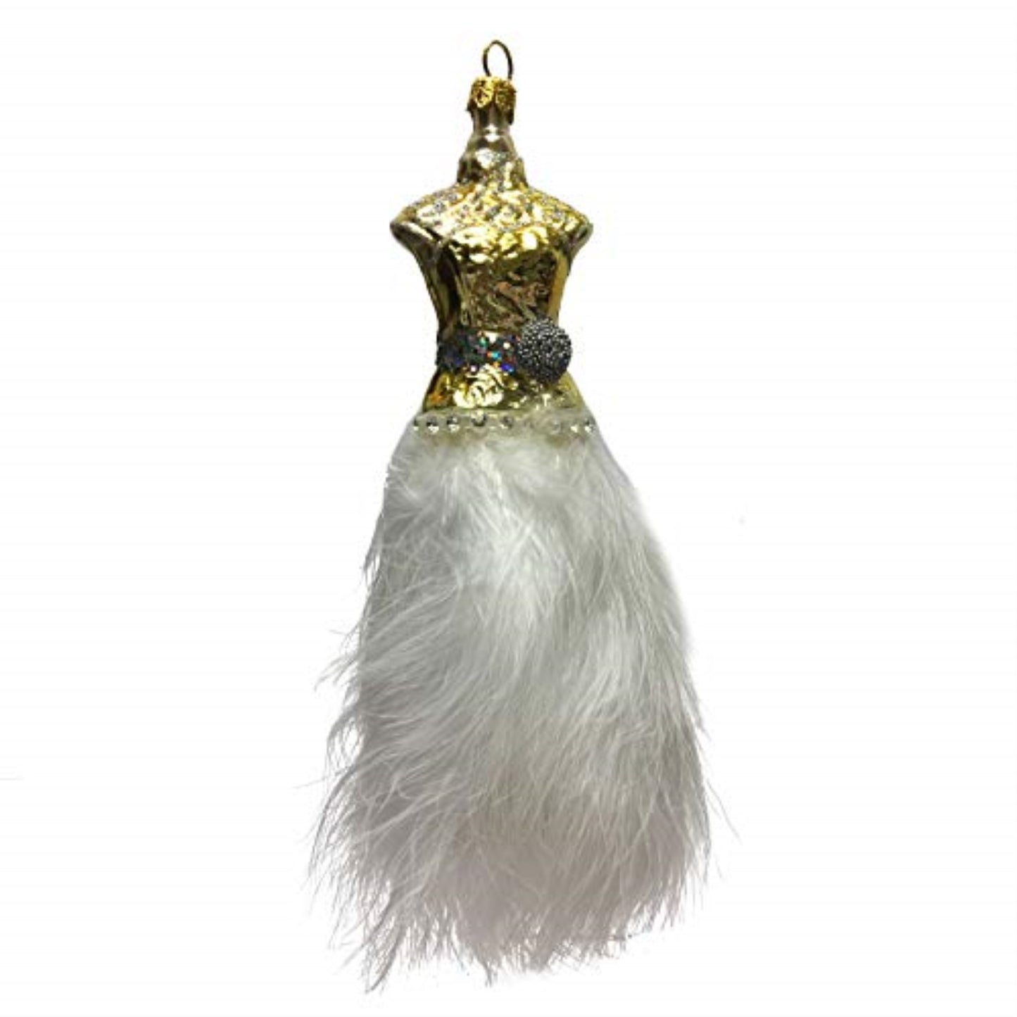 Gold Dress with White Feathers Polish Glass Christmas Tree Ornament Fashion