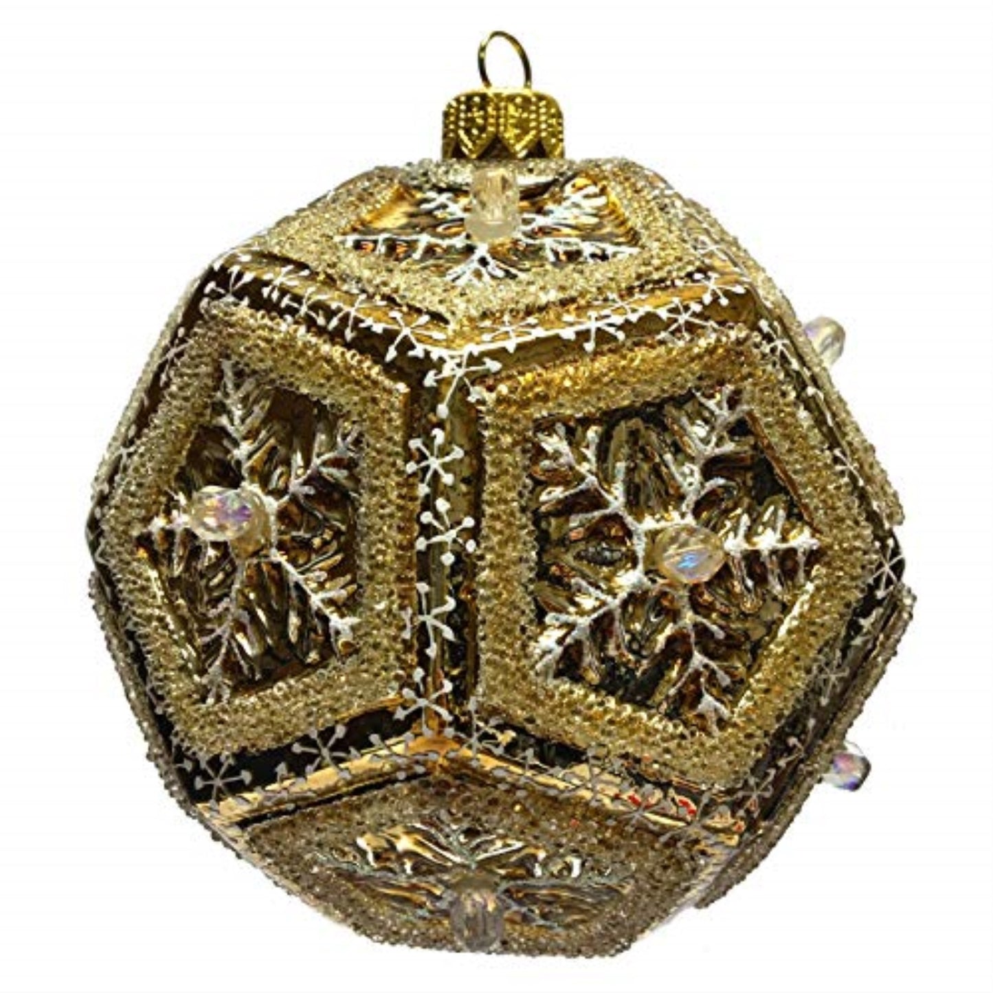 Gold Beaded Snowflake Dodecahedron Ball Polish Glass Christmas Tree Ornament