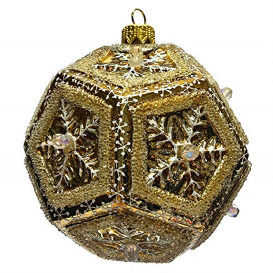 Gold Beaded Snowflake Dodecahedron Ball Polish Glass Christmas Tree Ornament