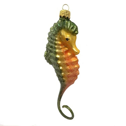 Green Orange and Yellow Seahorse Polish Glass Christmas Ornament