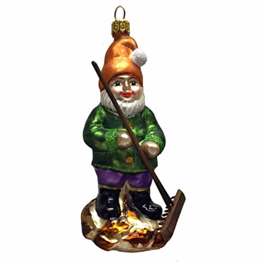 Garden Gnome with Raking Leaves Polish Glass Christmas Tree Ornament Poland