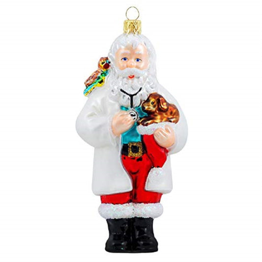 Veterinarian Vet Santa with Puppy and Bird Polish Glass Christmas Tree Ornament