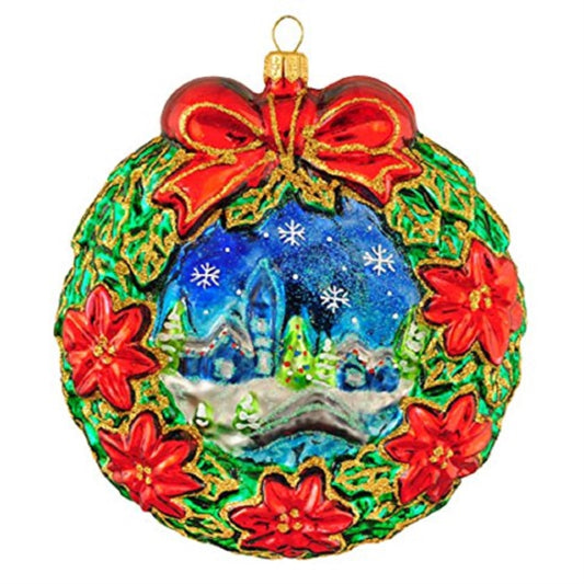 Wreath with Red Flowers and Winter Scene Polish Glass Christmas Tree Ornament