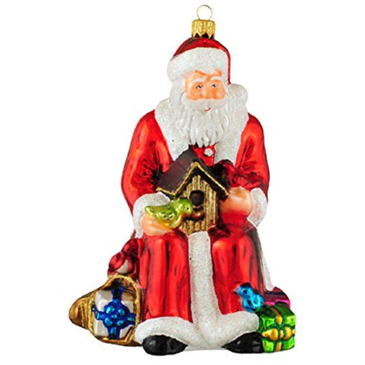 Santa Claus with Birdhouse and Birds Polish Glass Christmas Tree Ornament Poland