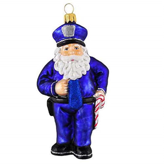 Policeman Santa Claus with Candy Cane Polish Glass Christmas Ornament Police Cop