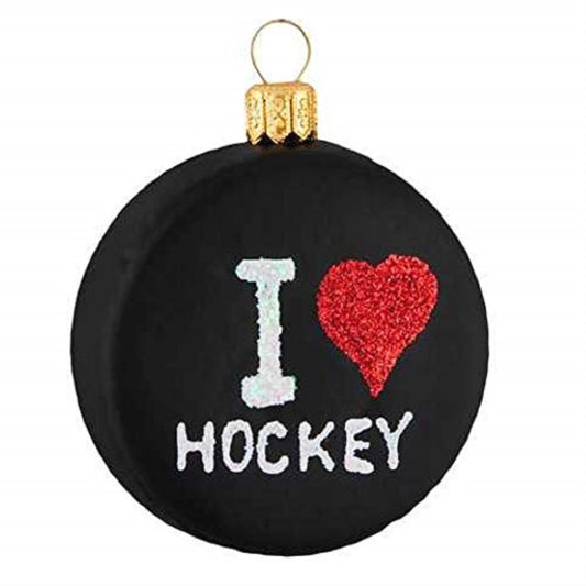 I Love Hockey Puck Polish Glass Christmas Tree Ornament Sports Decoration