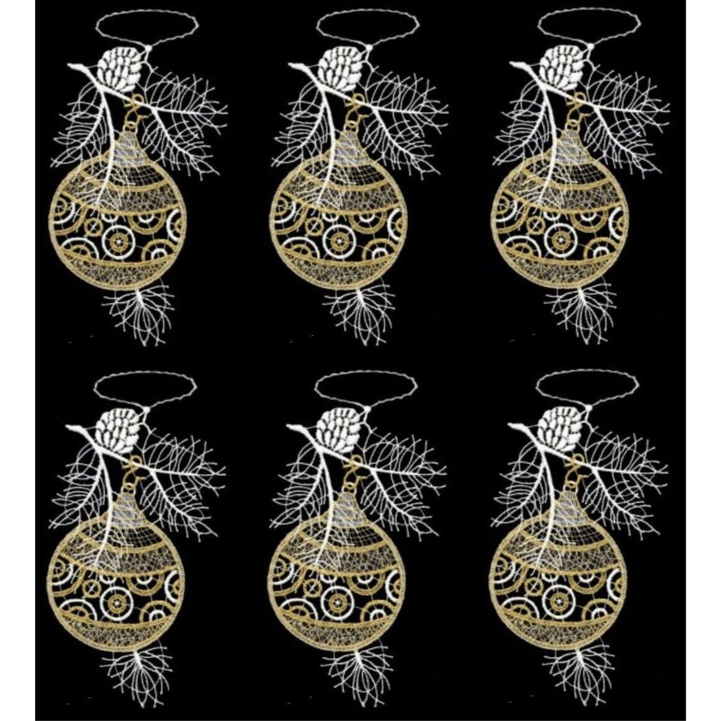 Gold and White Ornament Ball German Lace Christmas Tree Ornaments Set of 6