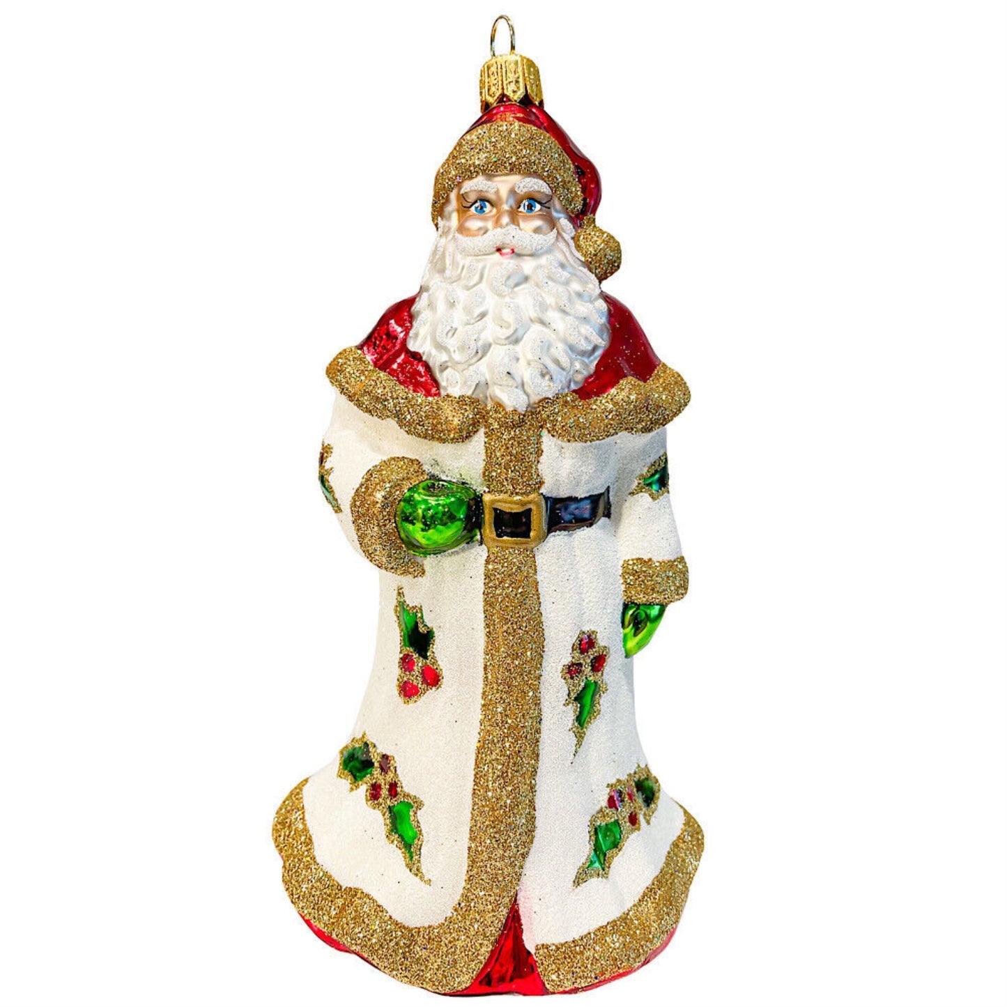 Santa with White Glittered Holly Coat Polish Glass Christmas Tree Ornament