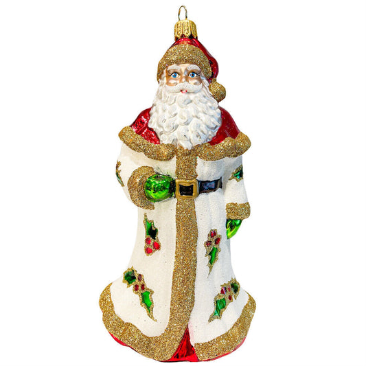 Santa with White Glittered Holly Coat Polish Glass Christmas Tree Ornament