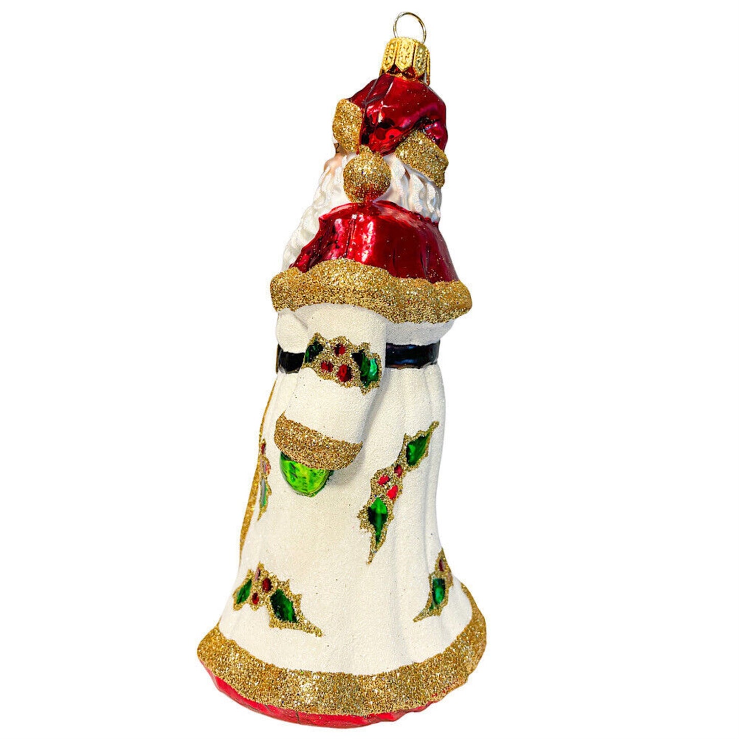 Santa with White Glittered Holly Coat Polish Glass Christmas Tree Ornament