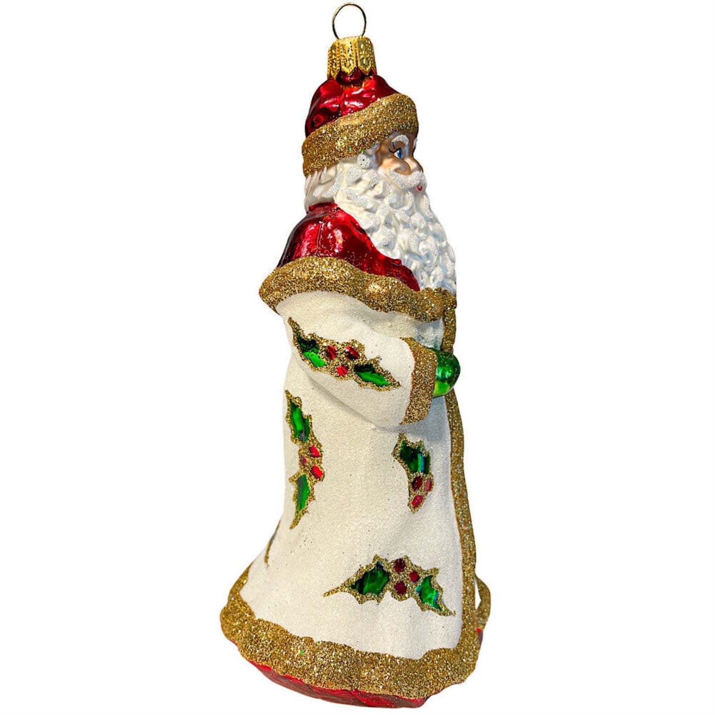Santa with White Glittered Holly Coat Polish Glass Christmas Tree Ornament