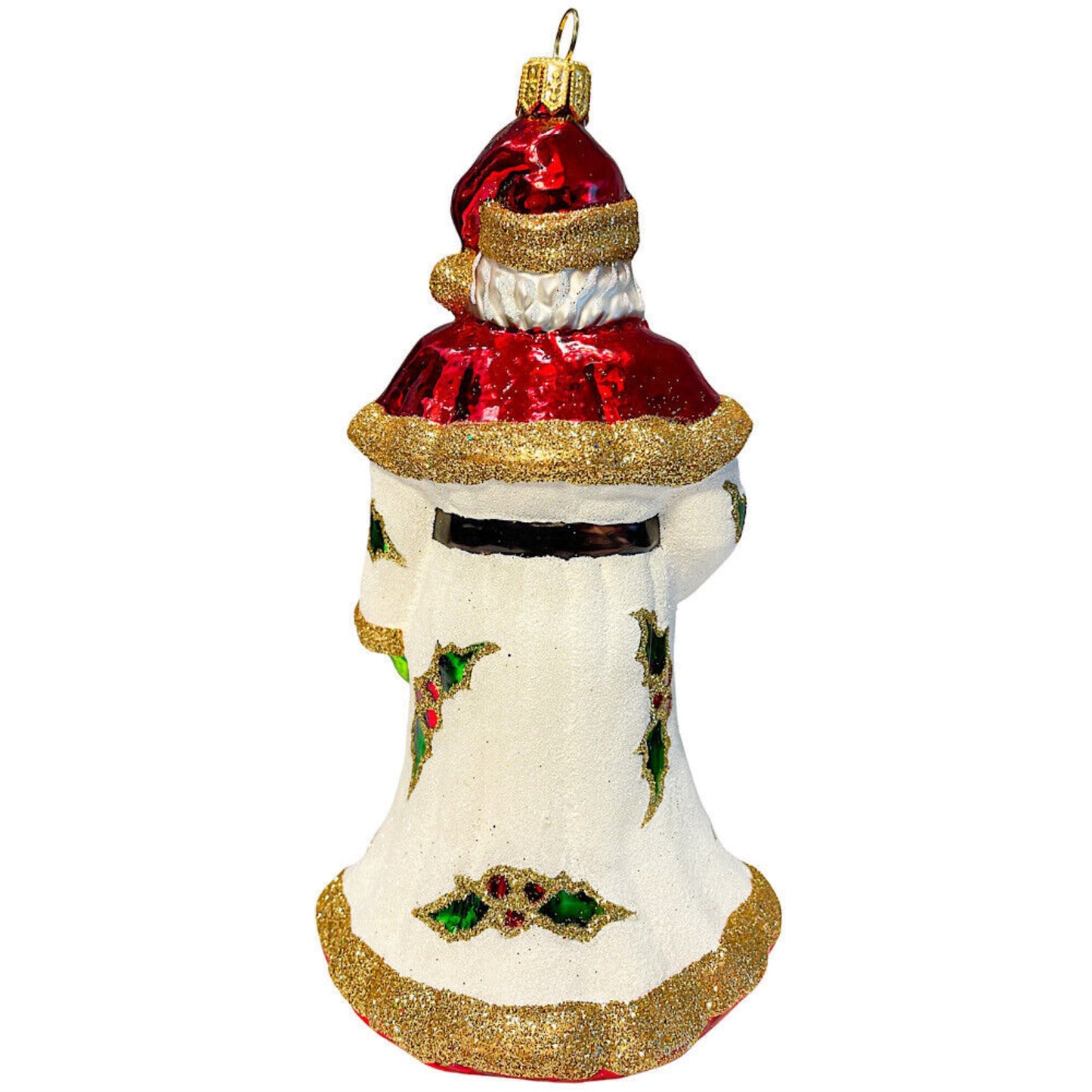 Santa with White Glittered Holly Coat Polish Glass Christmas Tree Ornament