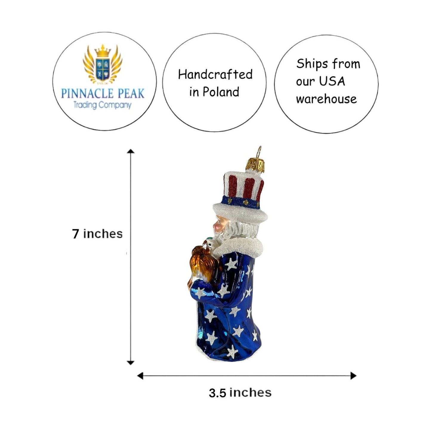 Pinnacle Peak Trading Uncle Sam Santa Polish Glass Christmas Ornament Patriotic Tree Decoration USA