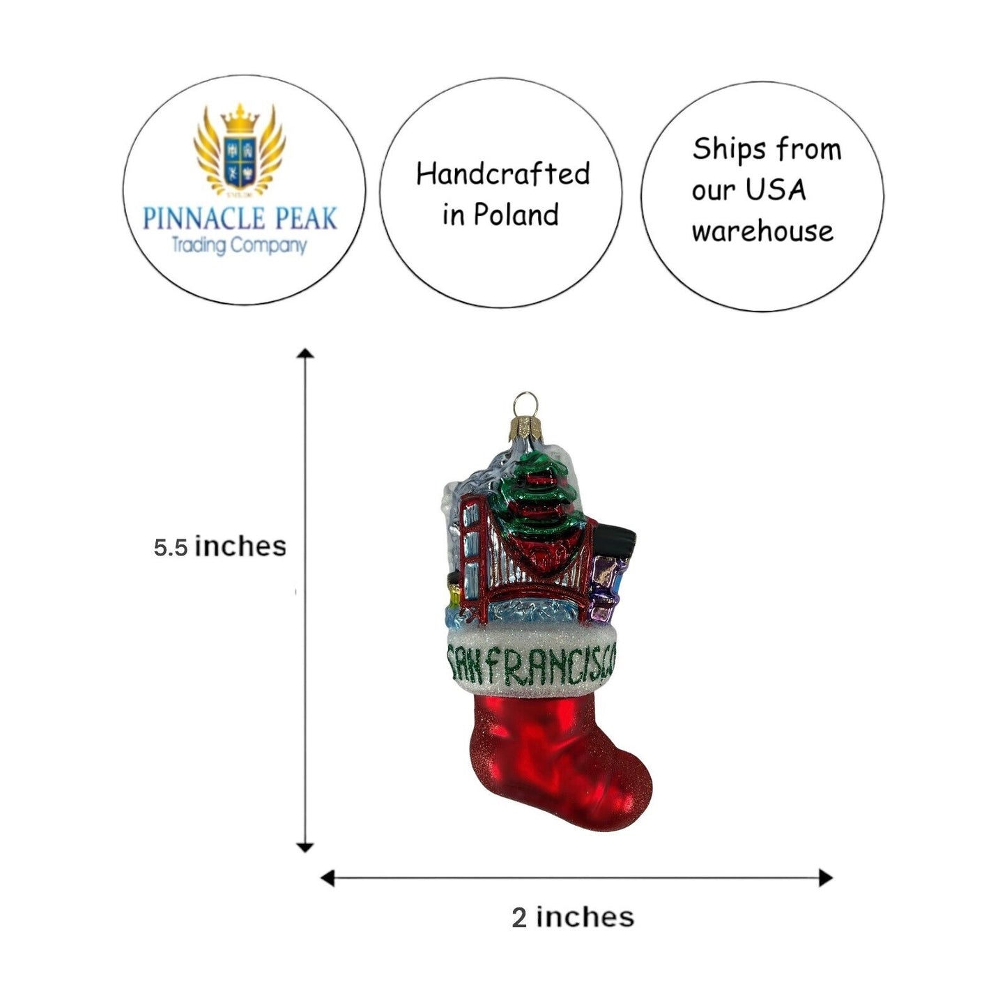 Pinnacle Peak Trading San Francisco Stocking Polish Glass Christmas Ornament California Decoration