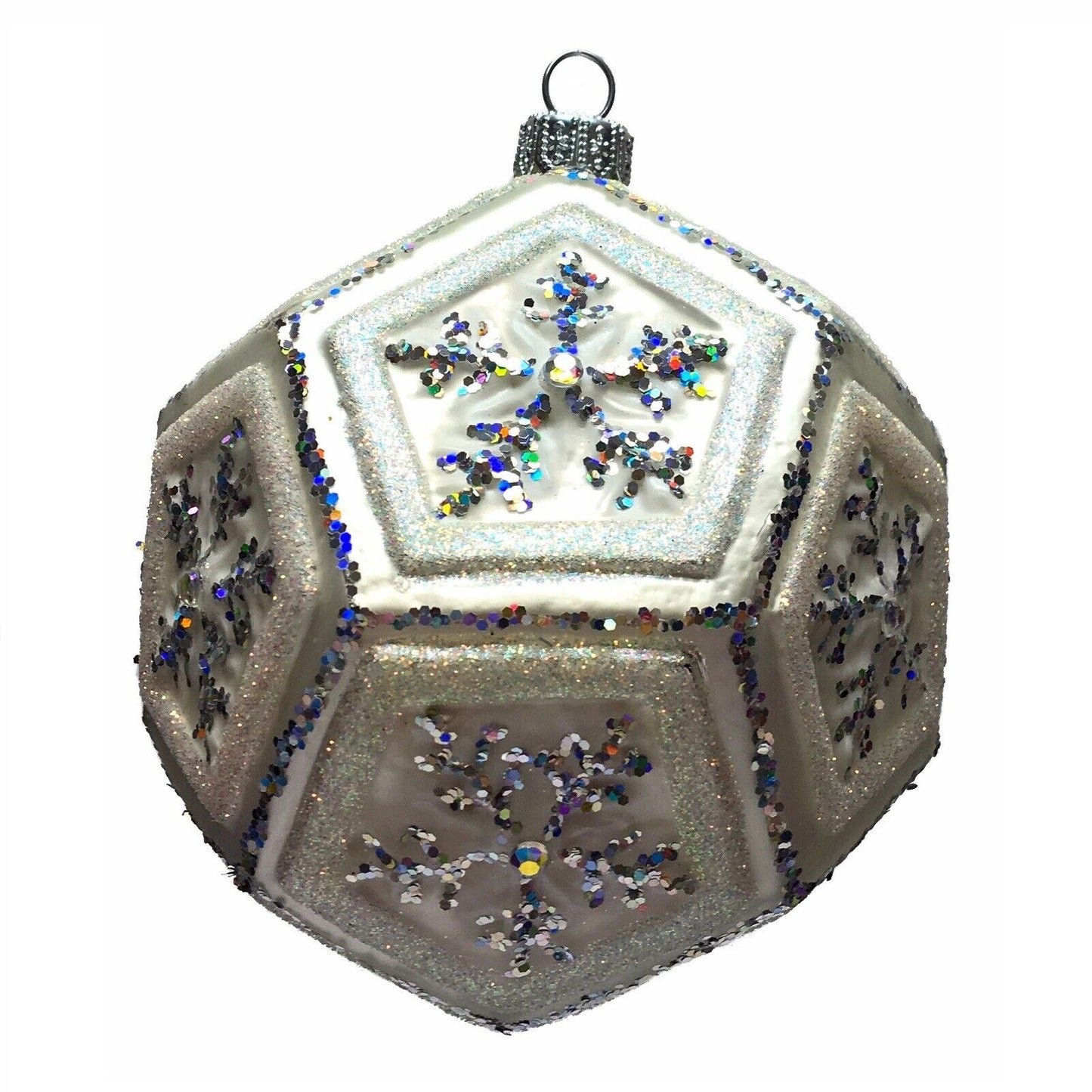 Pinnacle Peak Trading White and Silver Glitter Snowflake Dodecahedron Ball Polish Glass Ornament