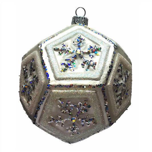 Pinnacle Peak Trading White and Silver Glitter Snowflake Dodecahedron Ball Polish Glass Ornament