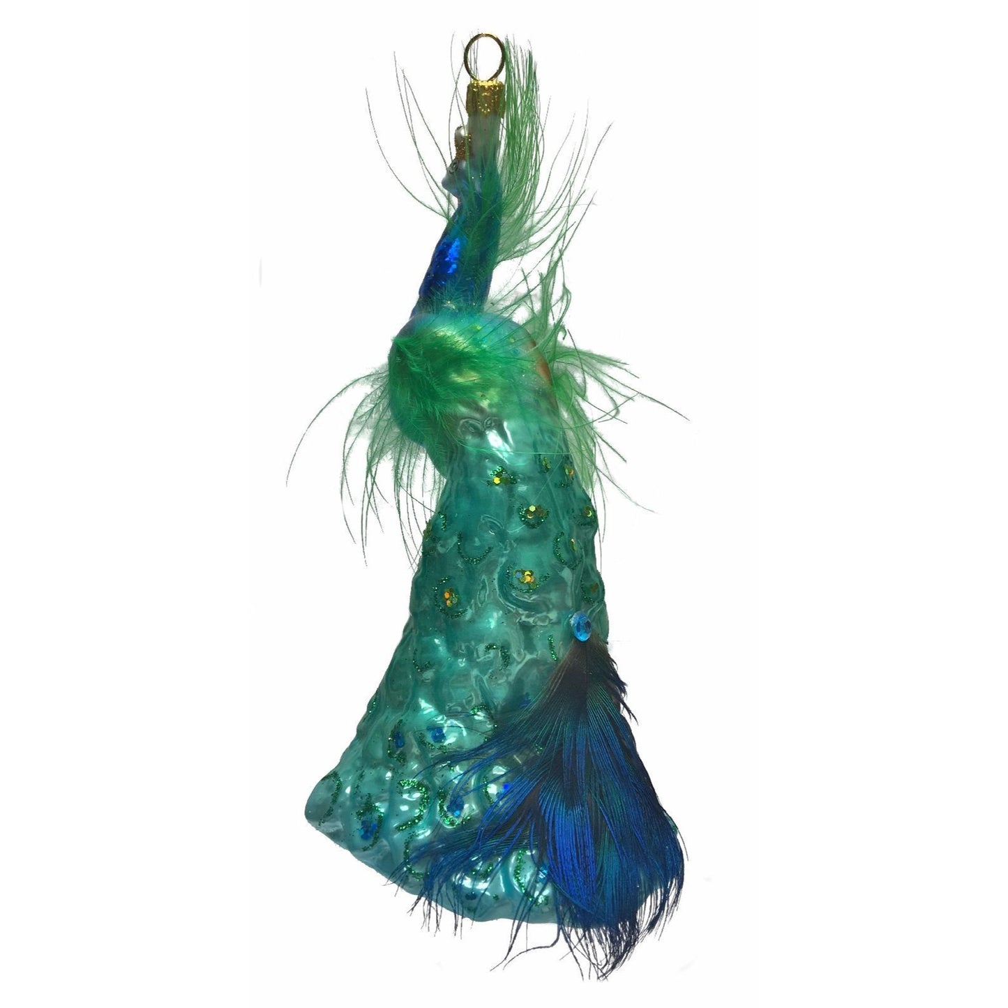 Peacock with Glitter and Feathers Polish Glass Christmas Ornament Bird Wildlife