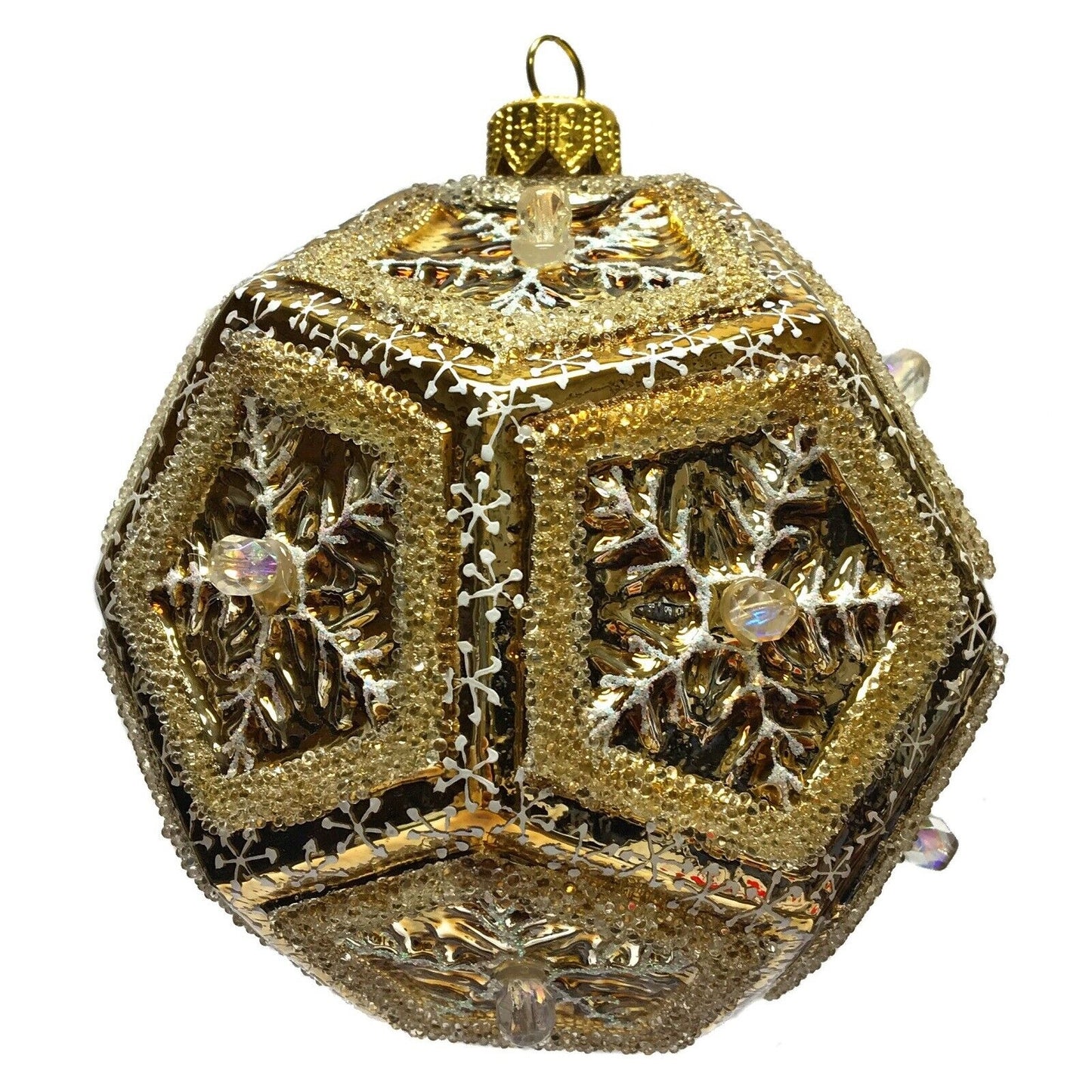 Gold Beaded Snowflake Dodecahedron Ball Polish Glass Christmas Tree Ornament