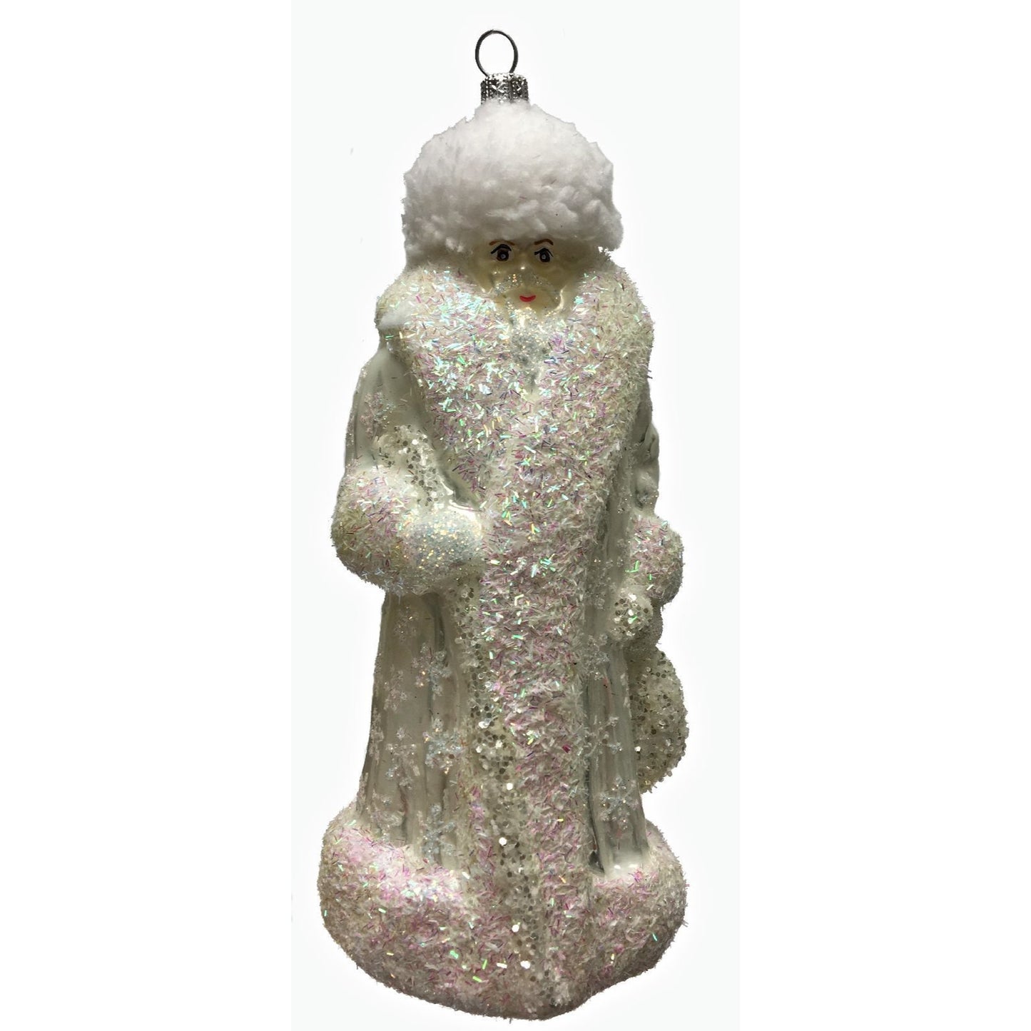 White Snowflake Santa Claus with Fur Hat Polish Glass Christmas Tree Ornament