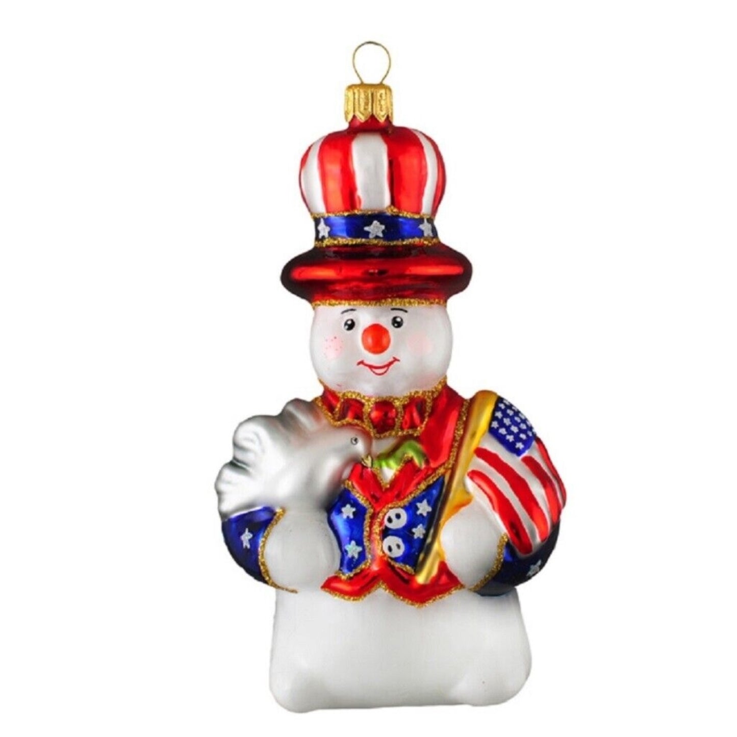 Patriotic USA Snowman Holding the American Flag Polish Glass Christmas Ornament