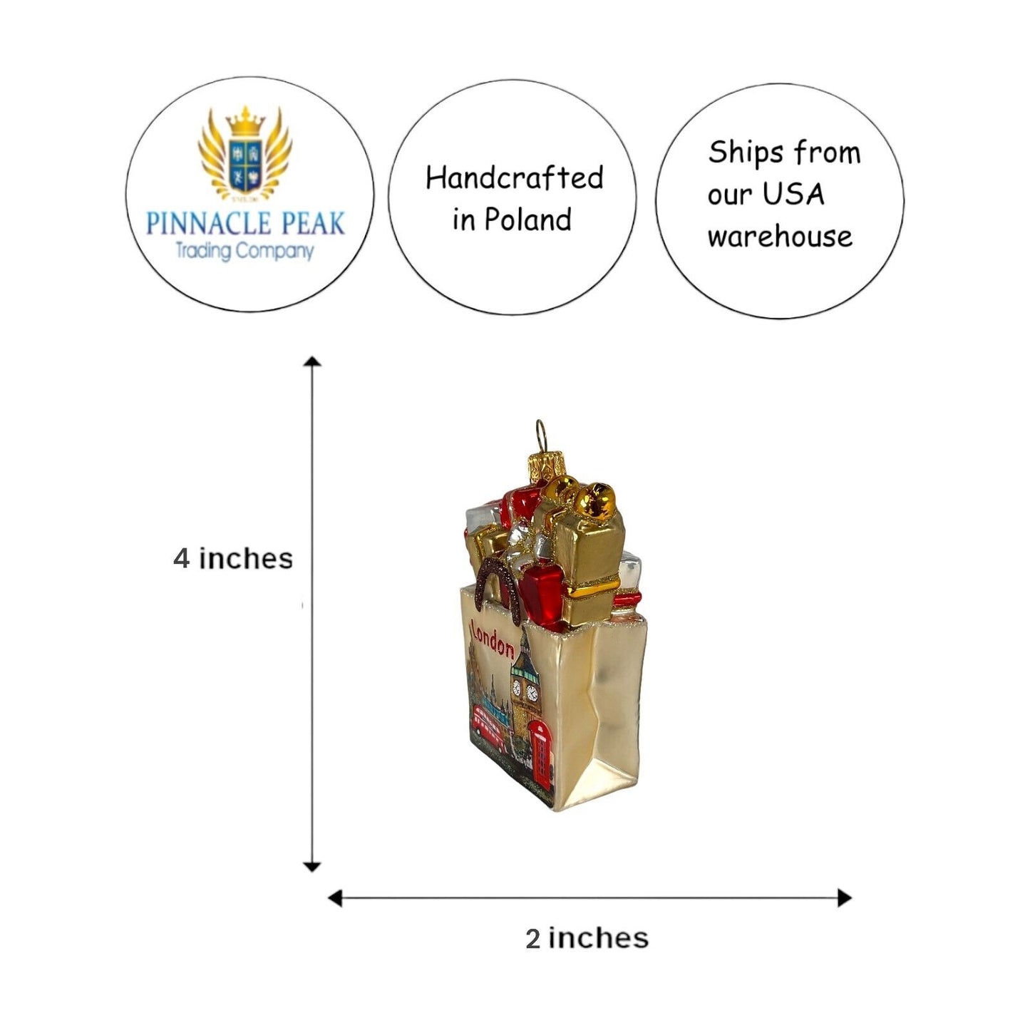 Pinnacle Peak Trading London England Shopping Bag Polish Glass Christmas Ornament Travel Decoration