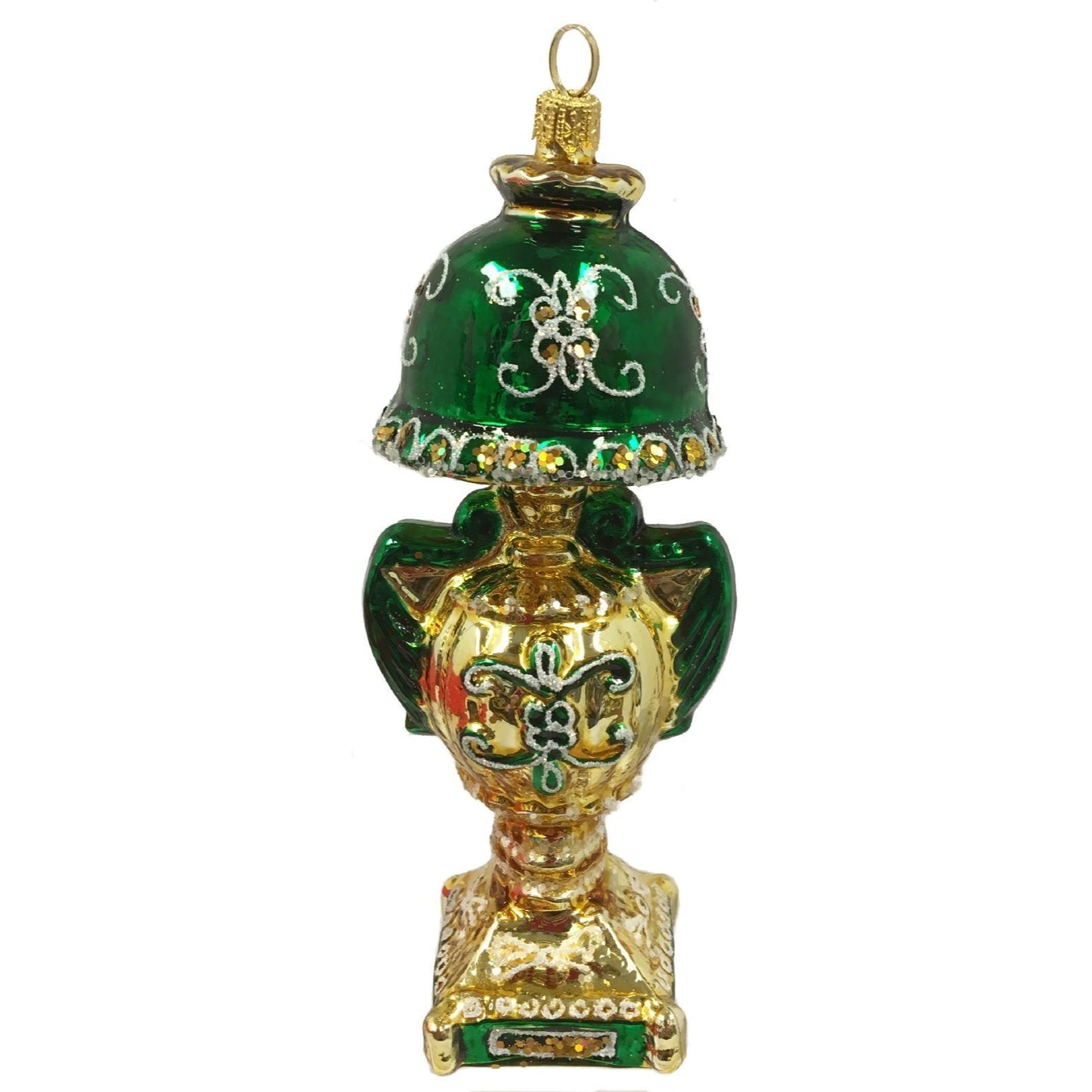 Green and Gold Vintage Lamp Polish Glass Christmas Tree Ornament Decoration