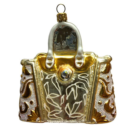 Pinnacle Peak Trading Gold and White Jeweled Purse Handbag Polish Glass Christmas Ornament Fashion
