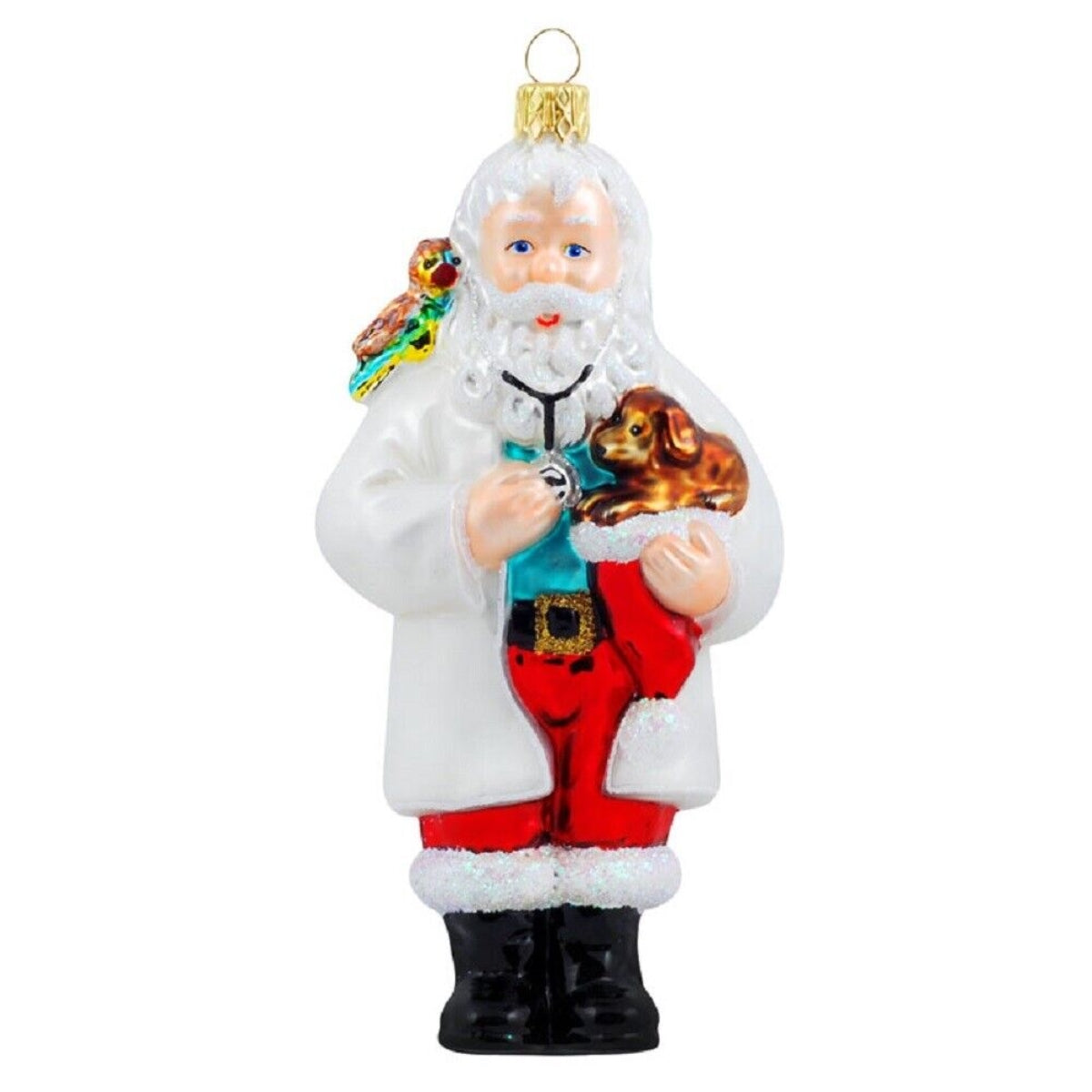 Veterinarian Vet Santa with Puppy and Bird Polish Glass Christmas Tree Ornament