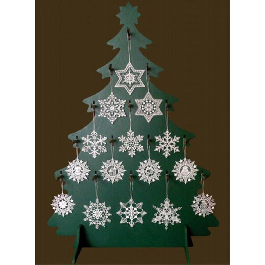 225 Snowflake German Lace Christmas Tree Ornaments with Wood Display Tree