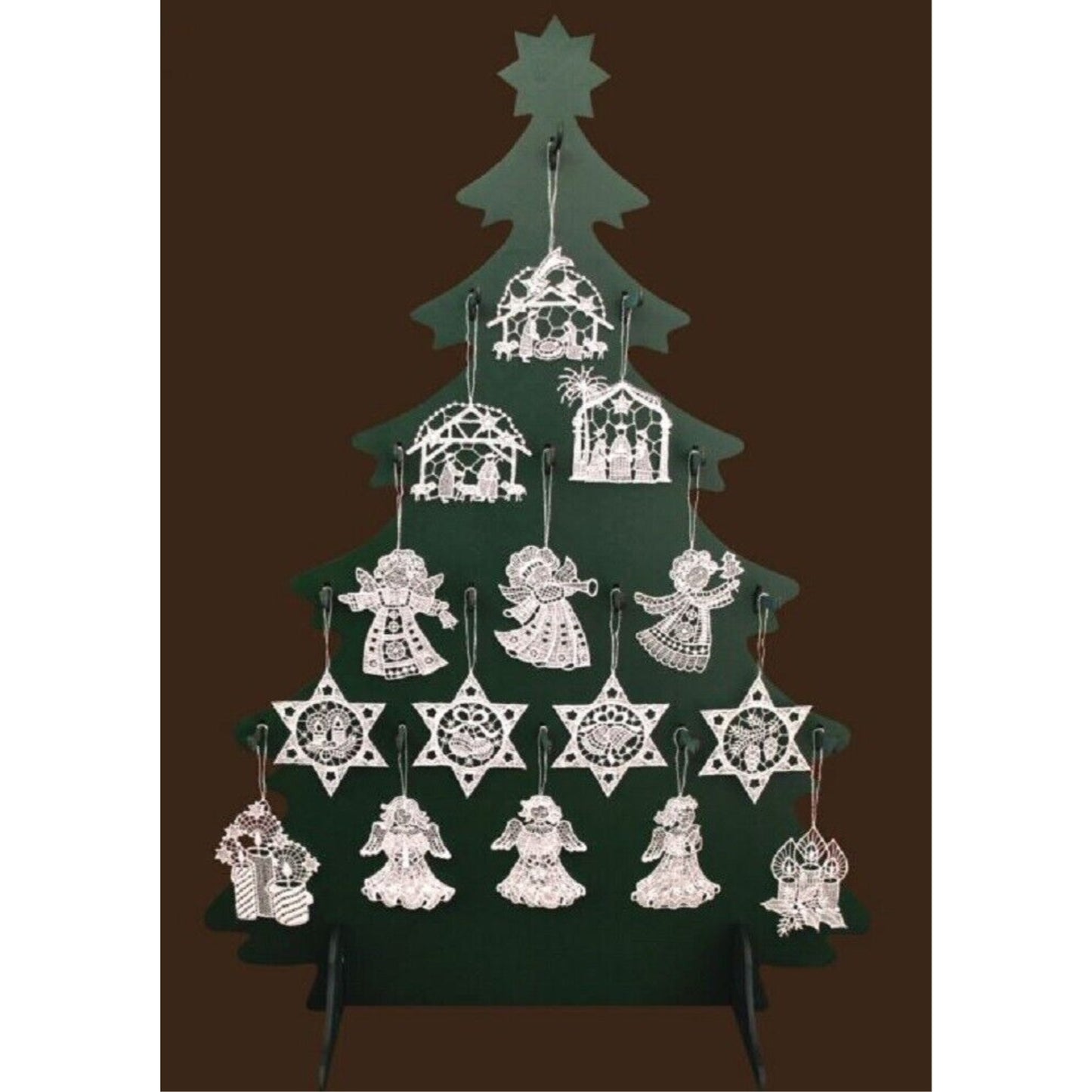 225 German Lace Christmas Tree Ornaments with Wood Display Tree Nativity Angel