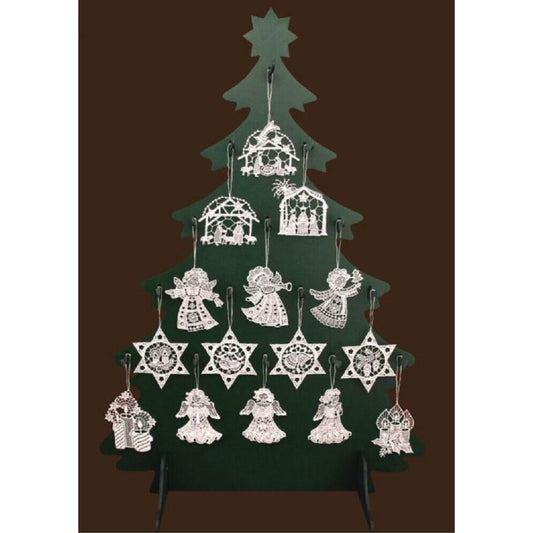 225 German Lace Christmas Tree Ornaments with Wood Display Tree Nativity Angel