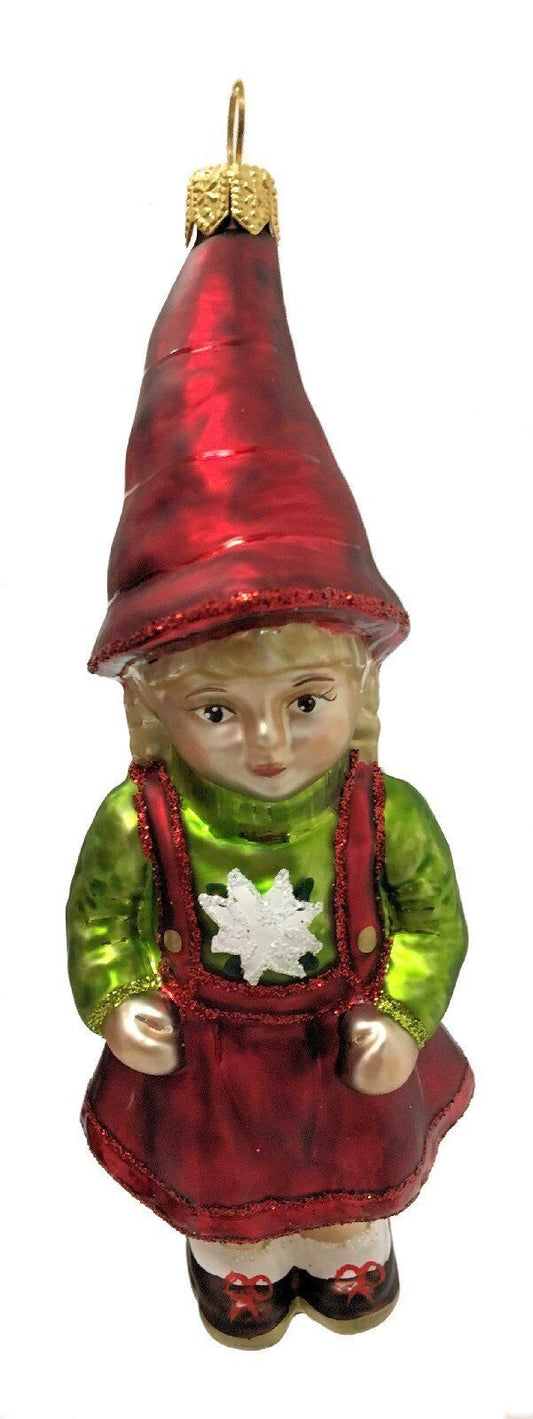 German Alpine Girl with Edelweiss Sweater Polish Glass Christmas Tree Ornament