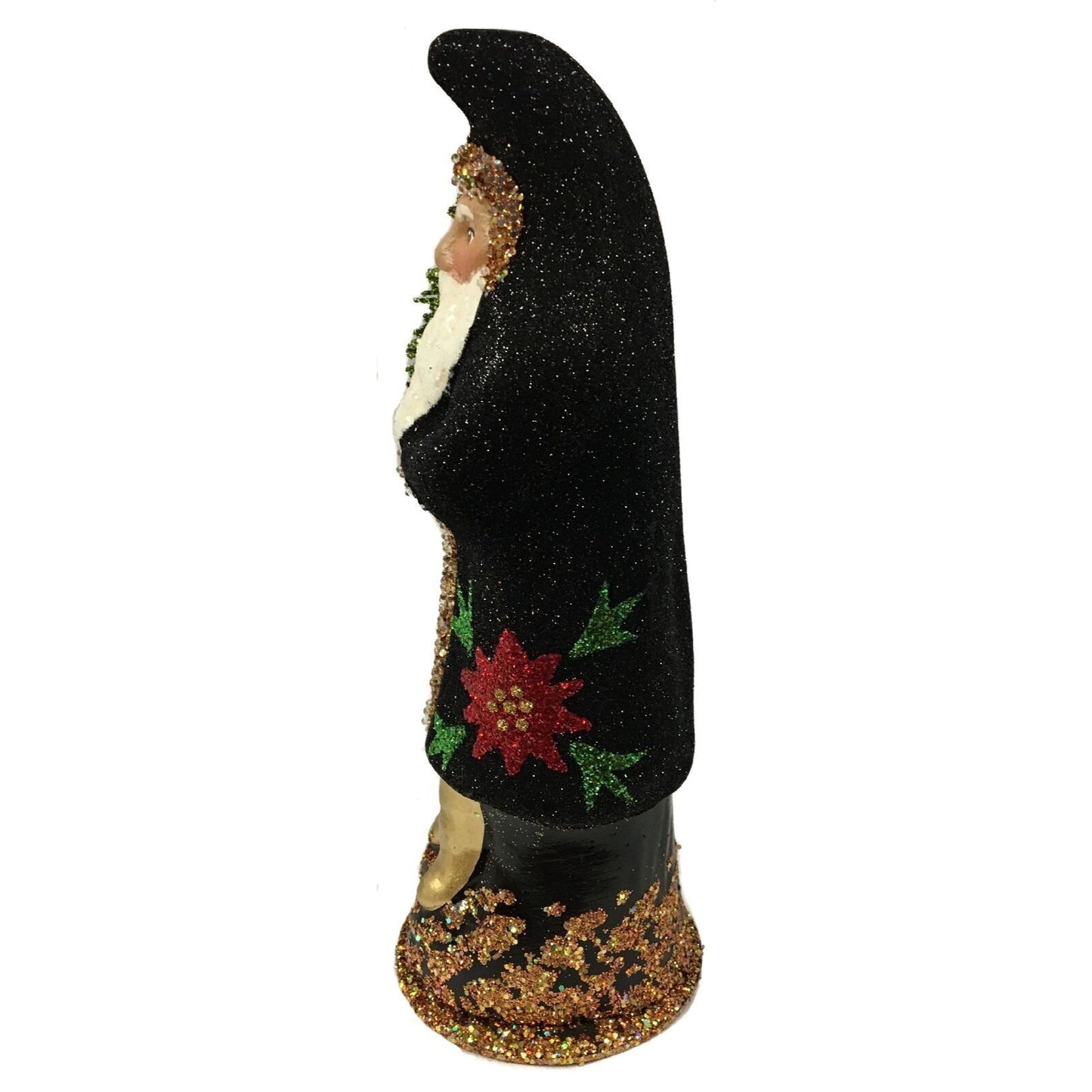 Ino Schaller Black Glitter Santa with Poinsettia Paper Mache Candy Container