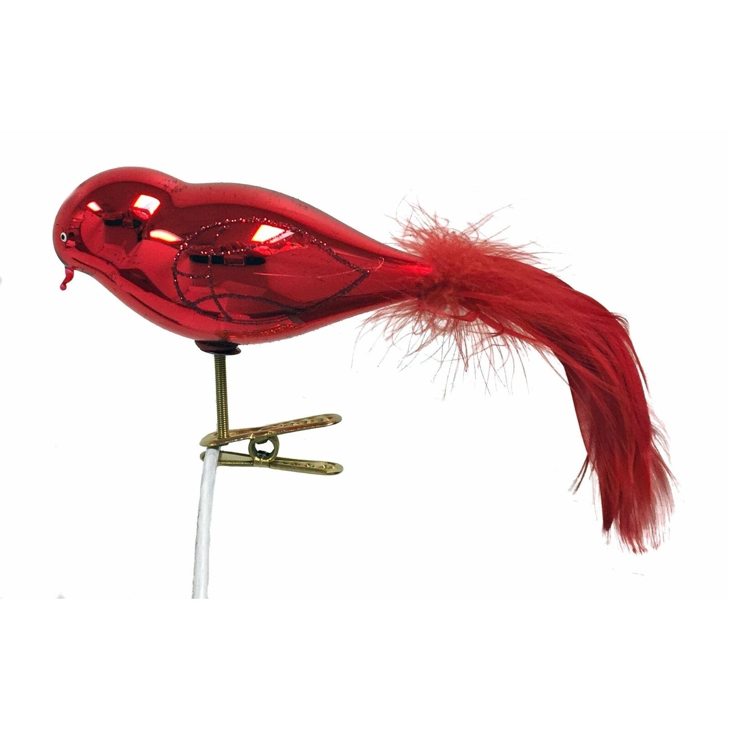 Shiny Red Birds with Feather Tail Polish Glass Clip On Ornament Set of 3
