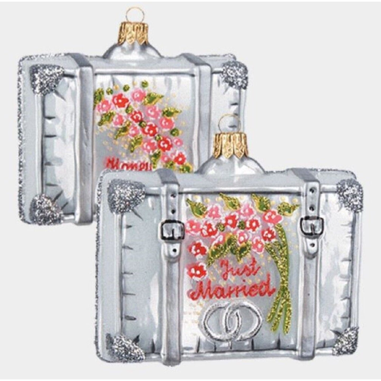 Wedding Just Married Honeymoon Travel Suitcase Glass Christmas Ornament ONE Pc