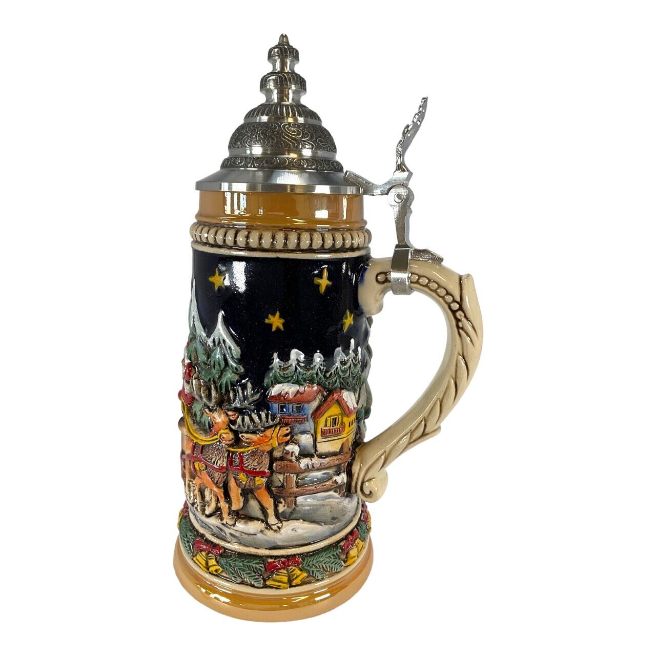Santa Claus Riding His Sleigh with Reindeer LE Christmas German Beer Stein .5 L
