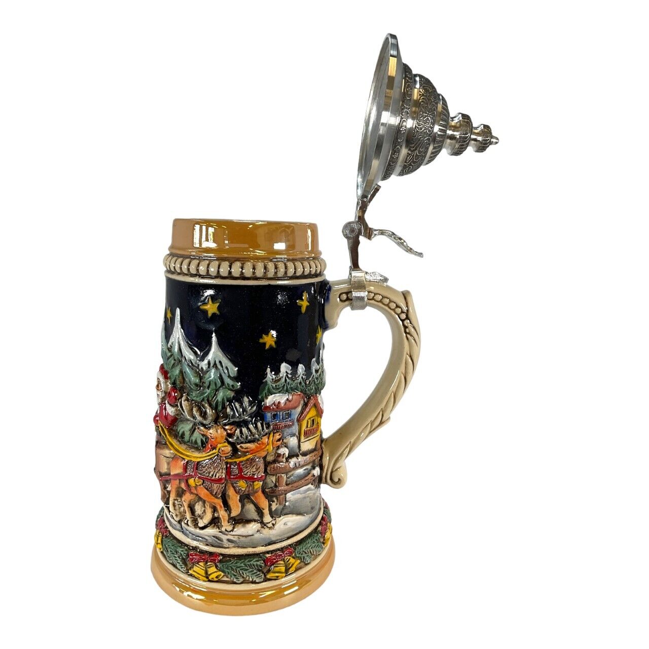 Santa Claus Riding His Sleigh with Reindeer LE Christmas German Beer Stein .5 L