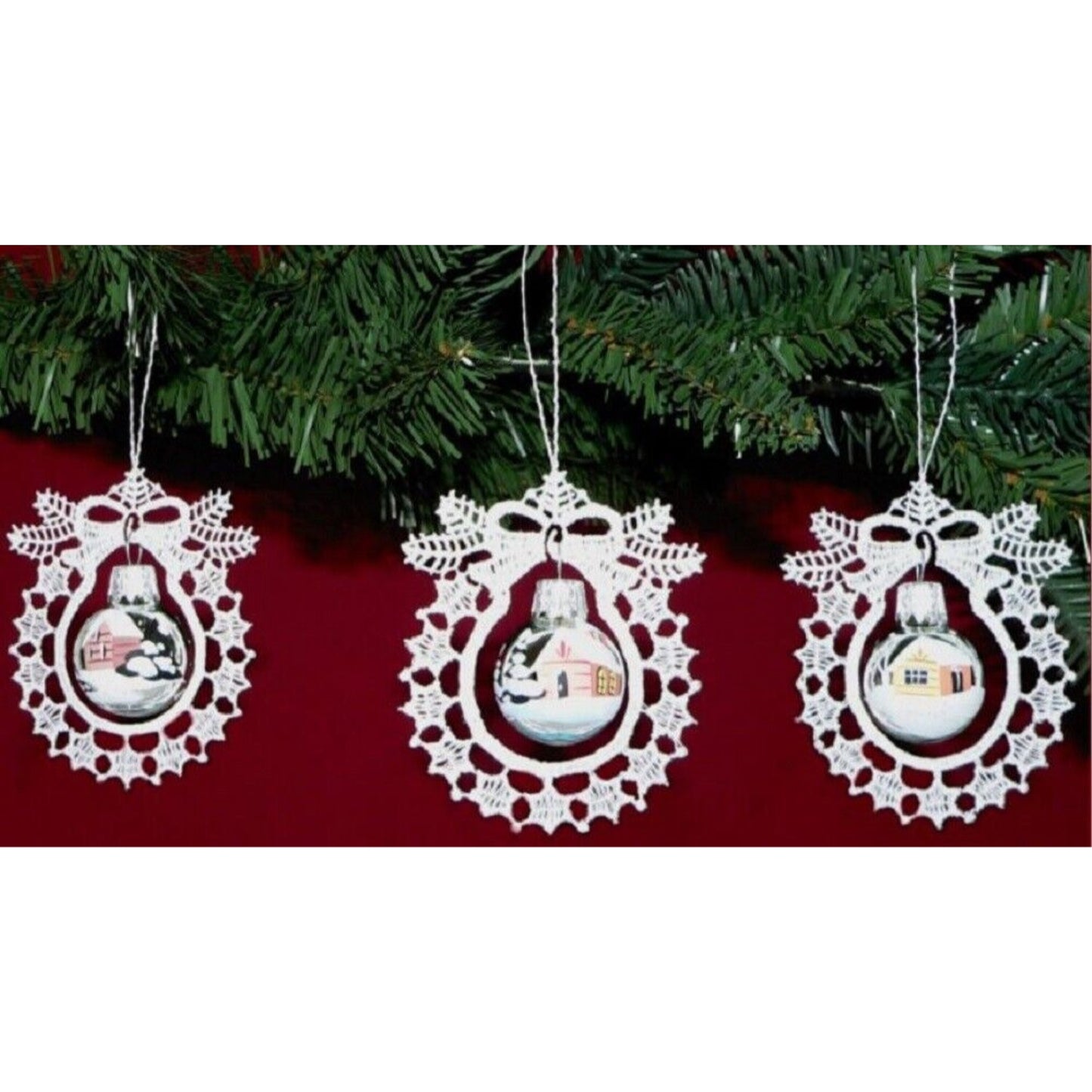 Winter Scene Shiny Silver Glass Ball and German Lace Christmas Ornament Set of 3