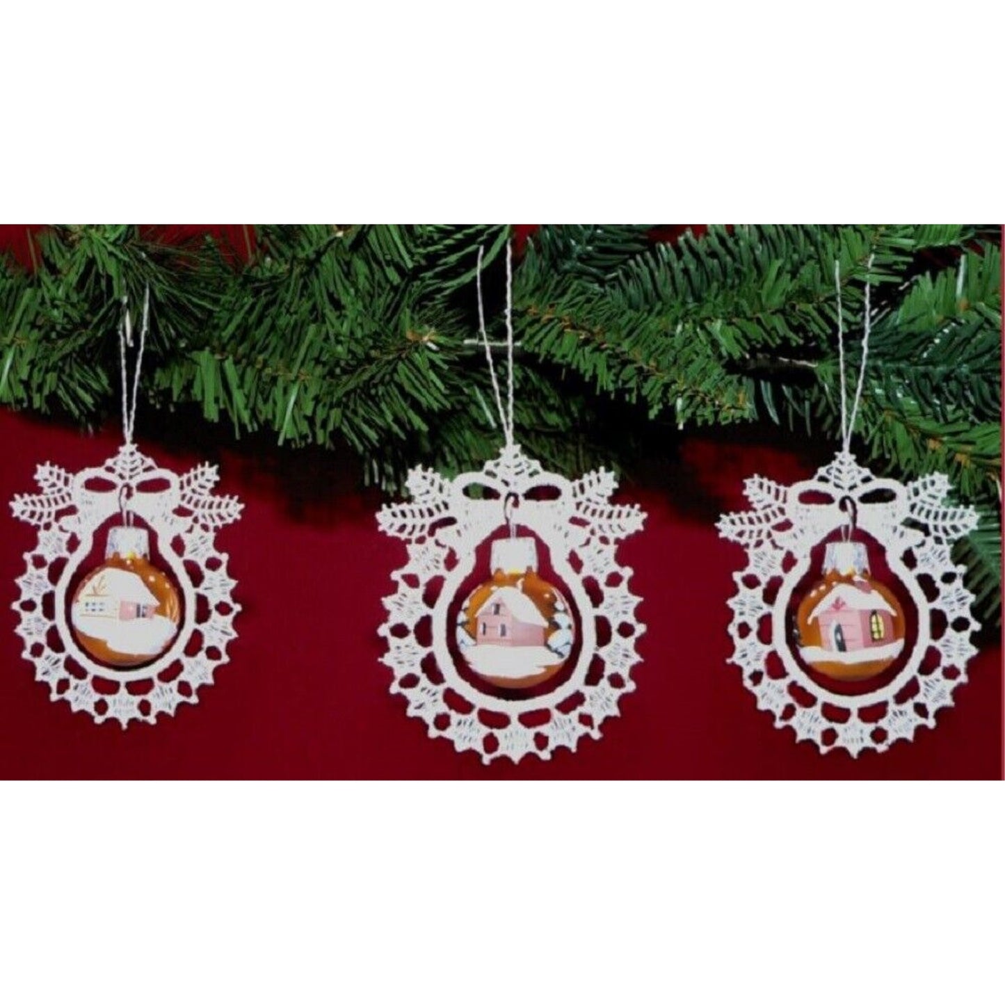 Winter Scene Gold Glass Ball and German Lace Christmas Tree Ornament Set of 3