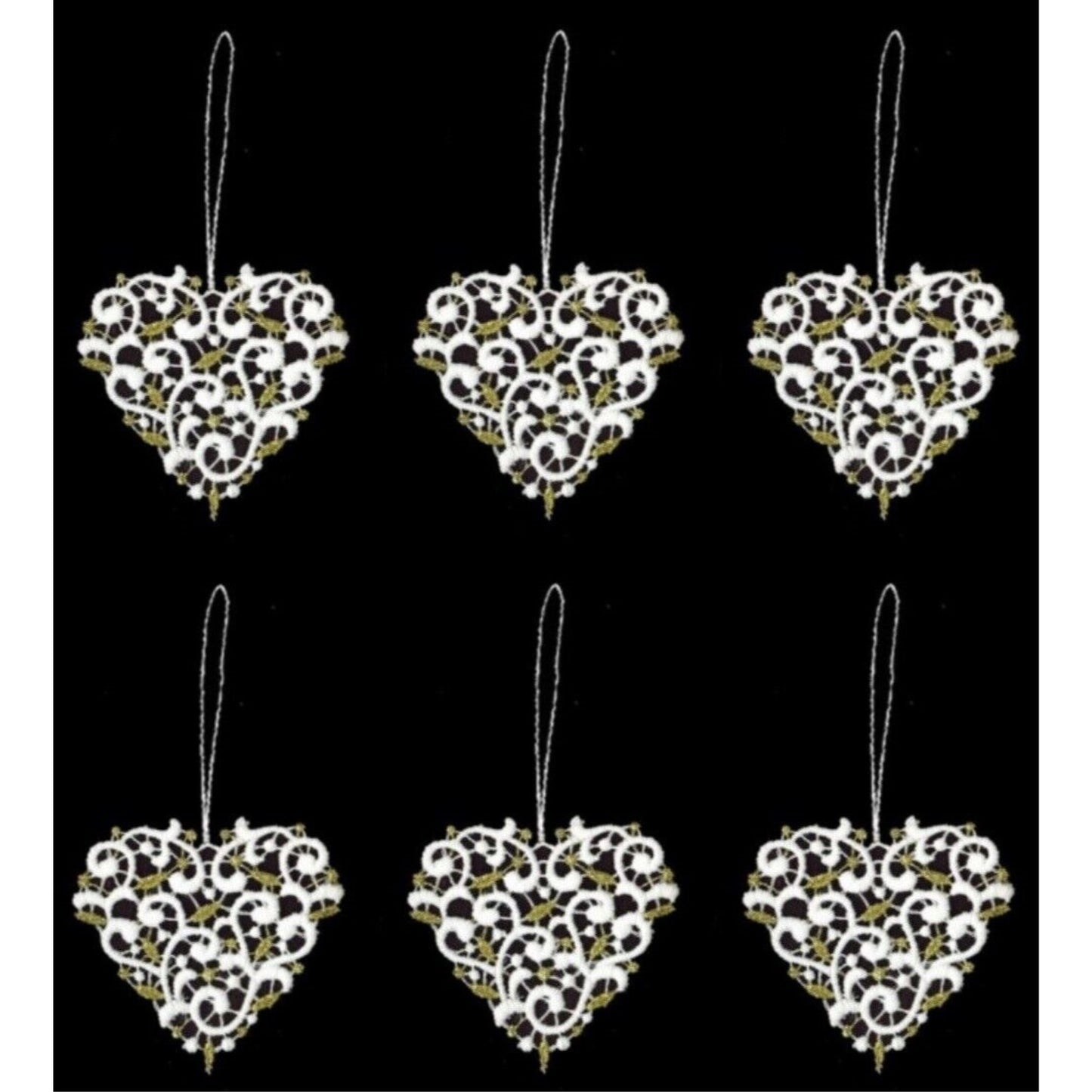 Gold and White Heart German Lace Christmas Tree Ornaments Set of 6