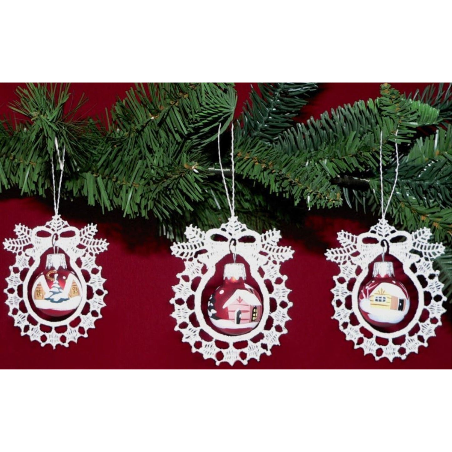 Winter Scene Red Glass Ball and German Lace Christmas Tree Ornament Set of 3
