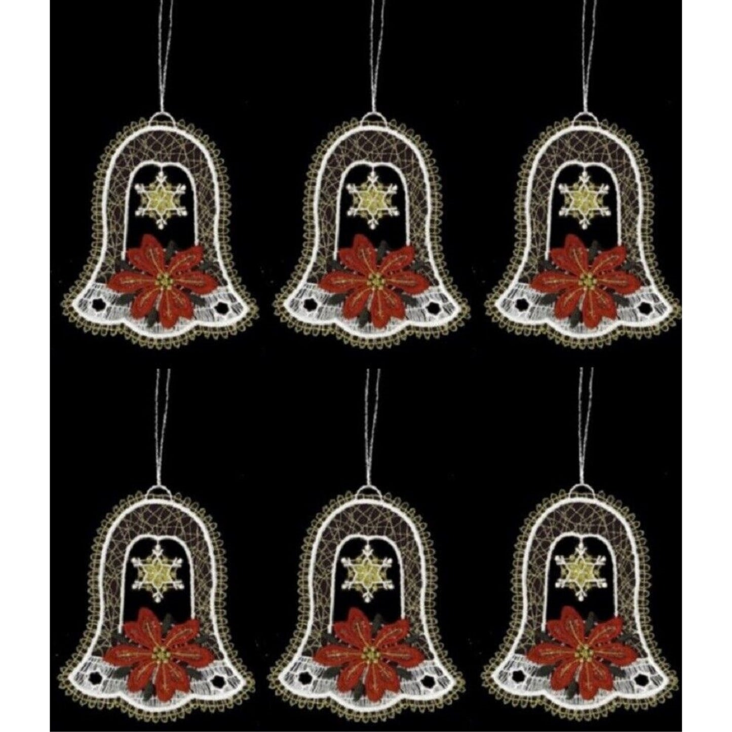 White and Gold Poinsettia Bell German Lace Christmas Ornaments Set of 6 Germany