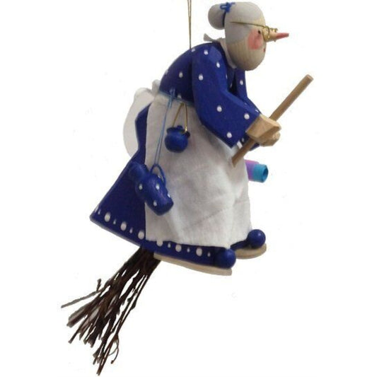 Blue Kitchen Witch Riding a Broom German Wood Halloween Ornament Made in Germany